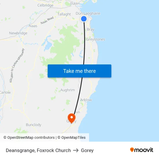 Deansgrange, Foxrock Church to Gorey map