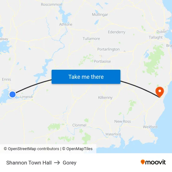Shannon Town Hall to Gorey map