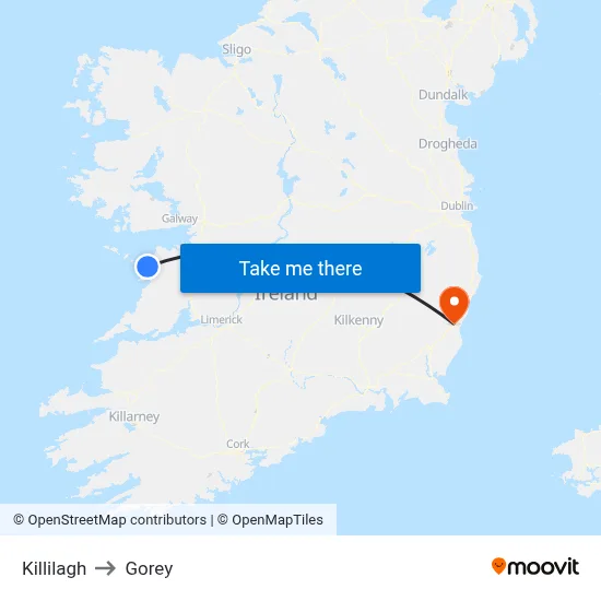 Killilagh to Gorey map