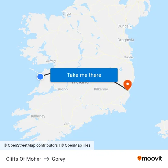 Cliffs Of Moher to Gorey map