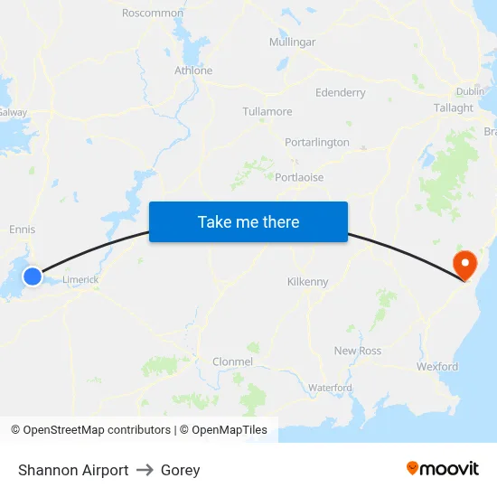 Shannon Airport to Gorey map