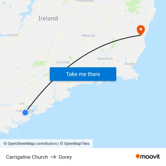 Carrigaline Church to Gorey map