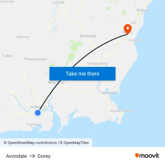 Avondale to Gorey map
