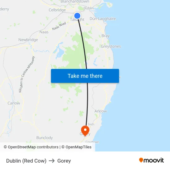 Dublin (Red Cow) to Gorey map