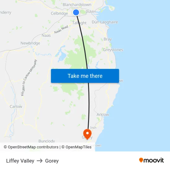 Liffey Valley to Gorey map