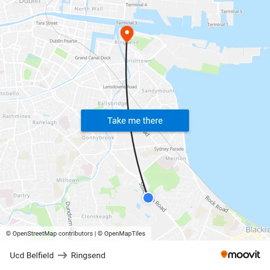 Ucd Belfield to Ringsend map
