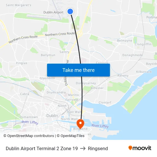 Dublin Airport Terminal 2 Zone 19 to Ringsend map