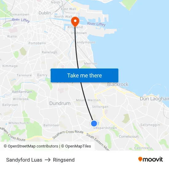 Sandyford Luas to Ringsend map