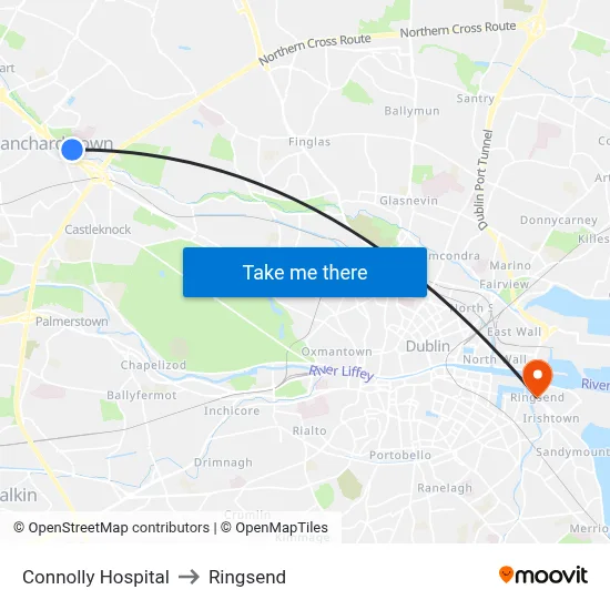 Connolly Hospital to Ringsend map