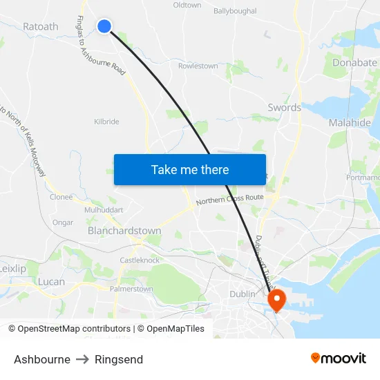 Ashbourne to Ringsend map