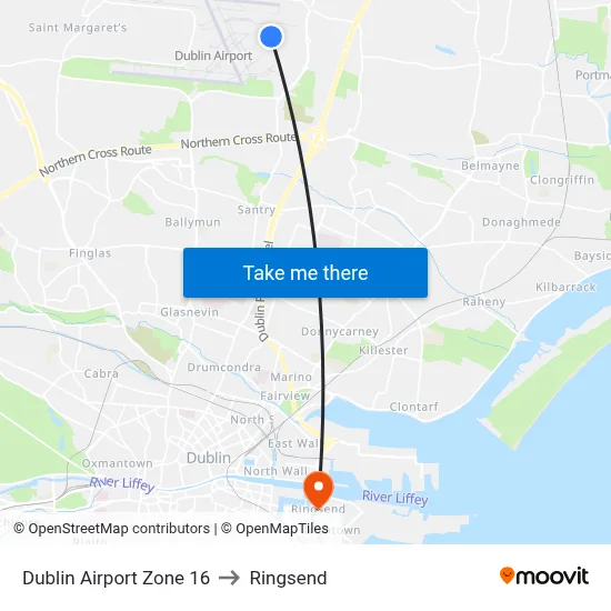 Dublin Airport Zone 16 to Ringsend map