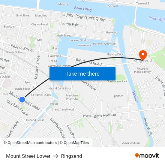 Mount Street Lower to Ringsend map