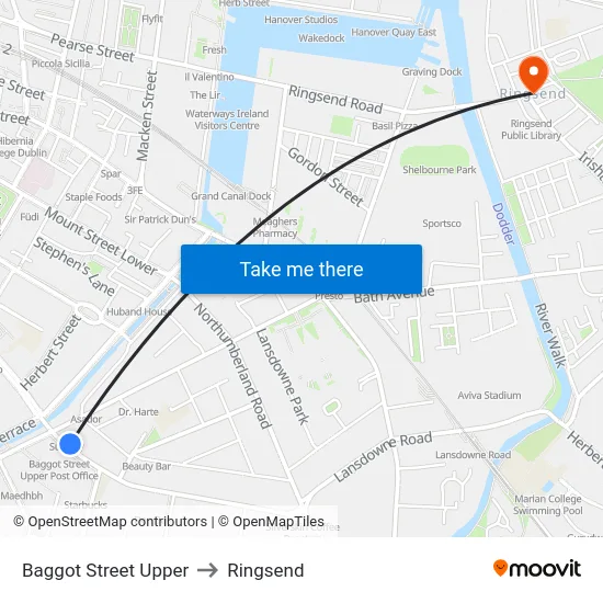 Baggot Street Upper to Ringsend map