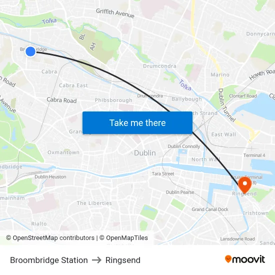 Broombridge Station to Ringsend map