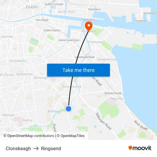 Clonskeagh to Ringsend map