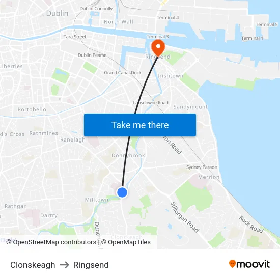 Clonskeagh to Ringsend map