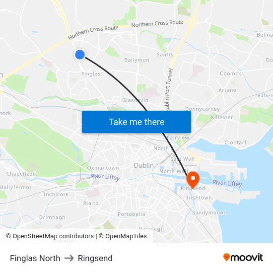 Finglas North to Ringsend map