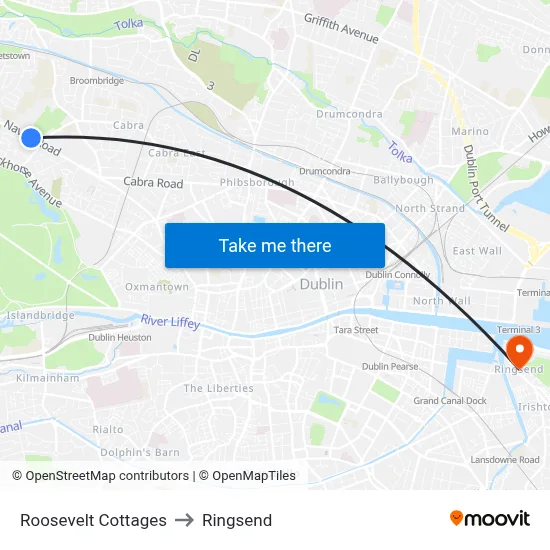 Roosevelt Cottages to Ringsend map