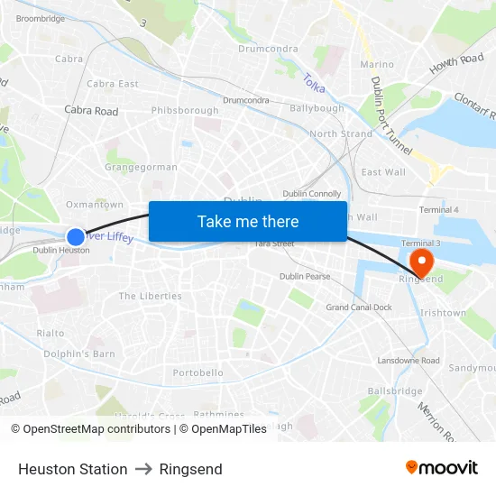 Heuston Station to Ringsend map