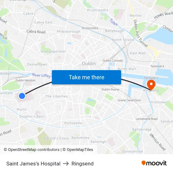 Saint James's Hospital to Ringsend map