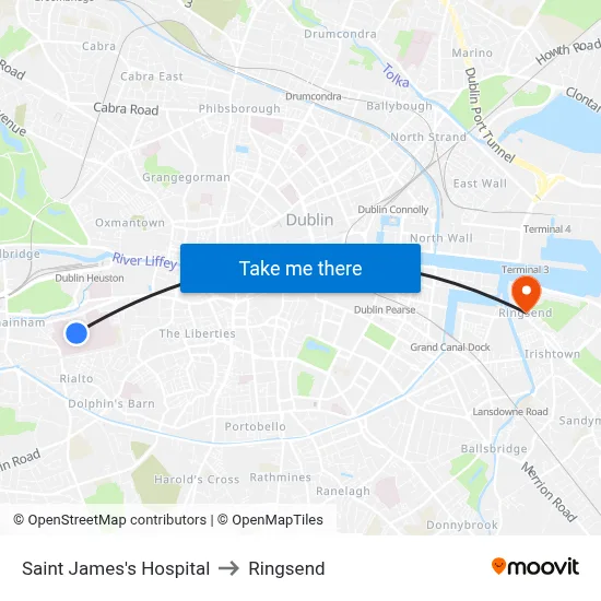 Saint James's Hospital to Ringsend map