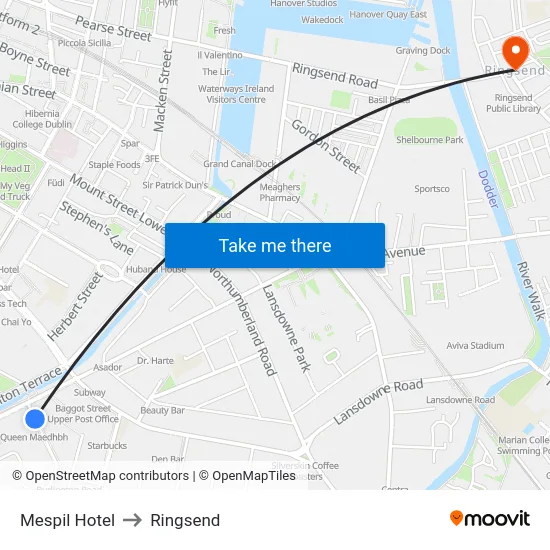 Mespil Hotel to Ringsend map