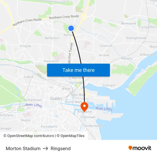 Morton Stadium to Ringsend map