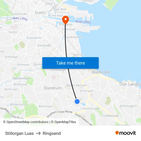 Stillorgan Luas to Ringsend map