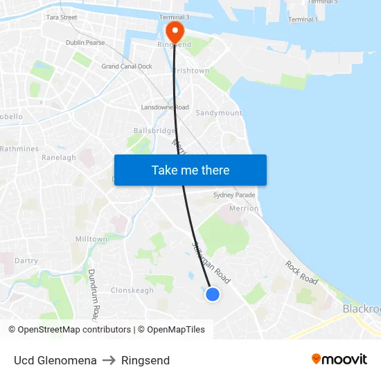 Ucd Glenomena to Ringsend map