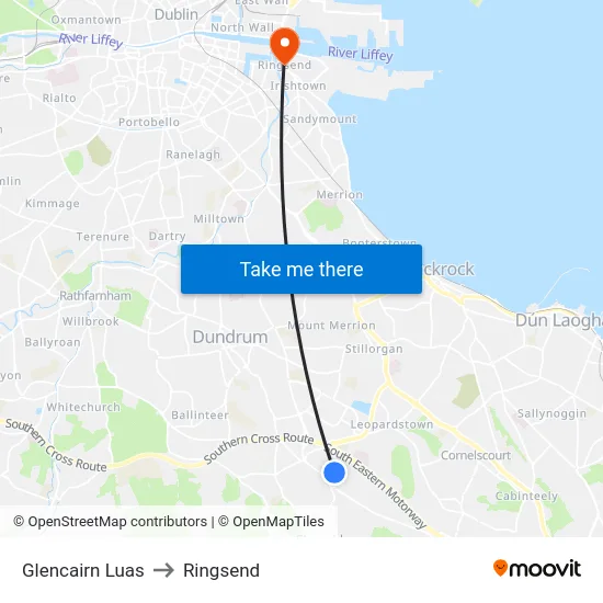 Glencairn Luas to Ringsend map