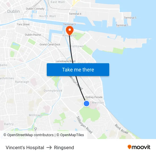 Vincent's Hospital to Ringsend map