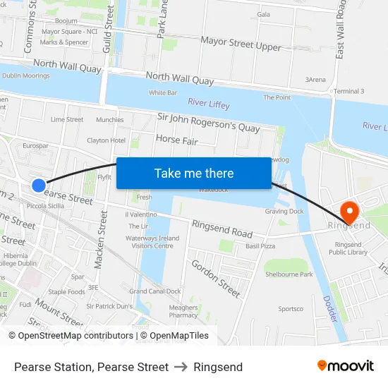 Pearse Station, Pearse Street to Ringsend map