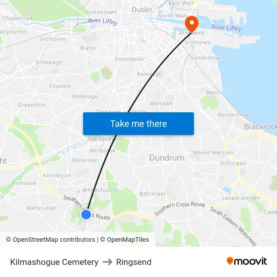 Kilmashogue Cemetery to Ringsend map