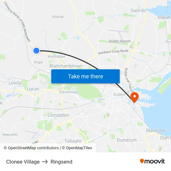Clonee Village to Ringsend map