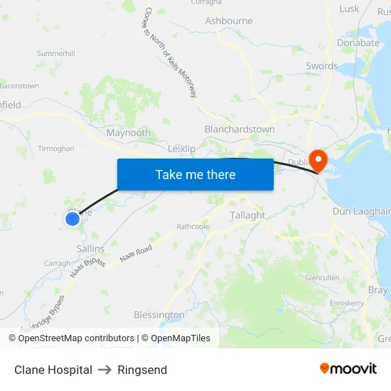 Clane Hospital to Ringsend map