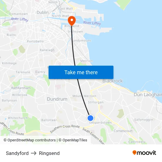 Sandyford to Ringsend map
