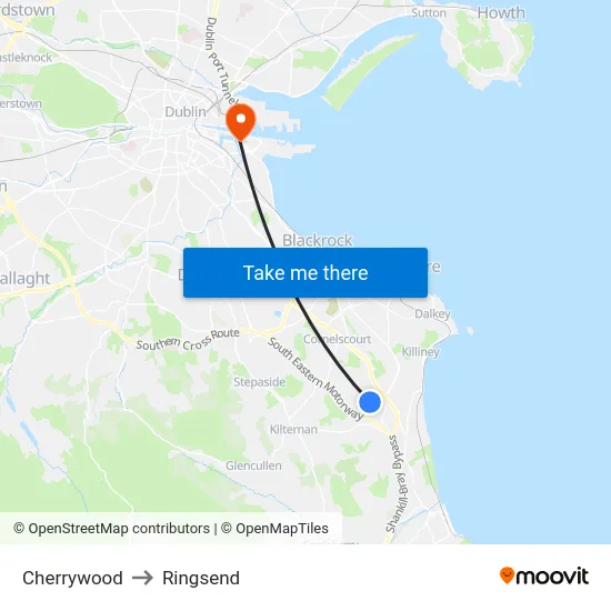 Cherrywood to Ringsend map
