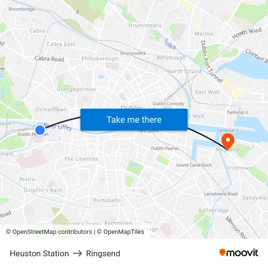 Heuston Station to Ringsend map