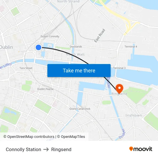 Connolly Station to Ringsend map