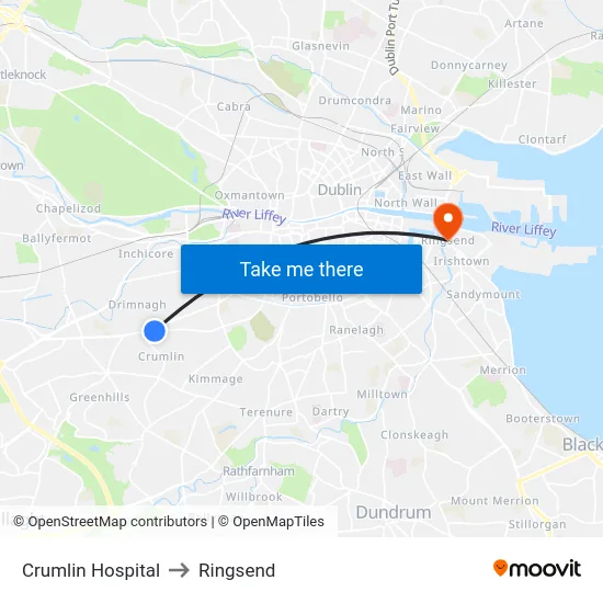 Crumlin Hospital to Ringsend map