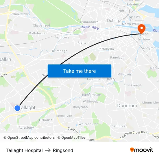 Tallaght Hospital to Ringsend map