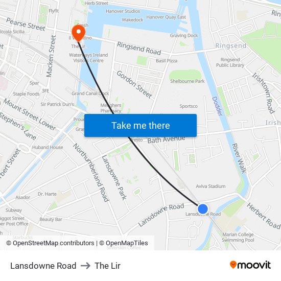 Lansdowne Road to The Lir map