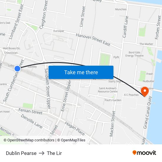 Dublin Pearse to The Lir map