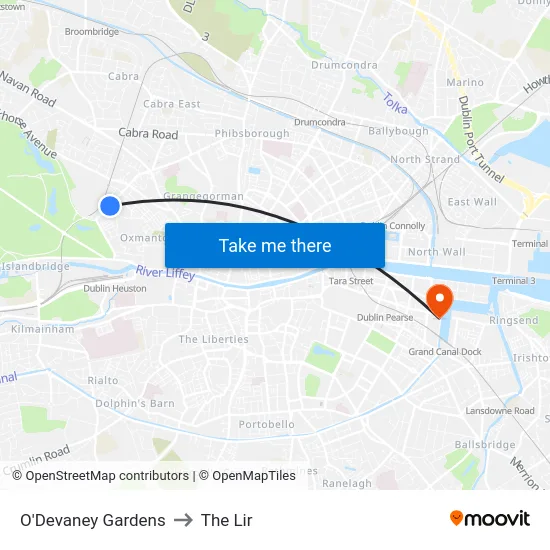O'Devaney Gardens to The Lir map