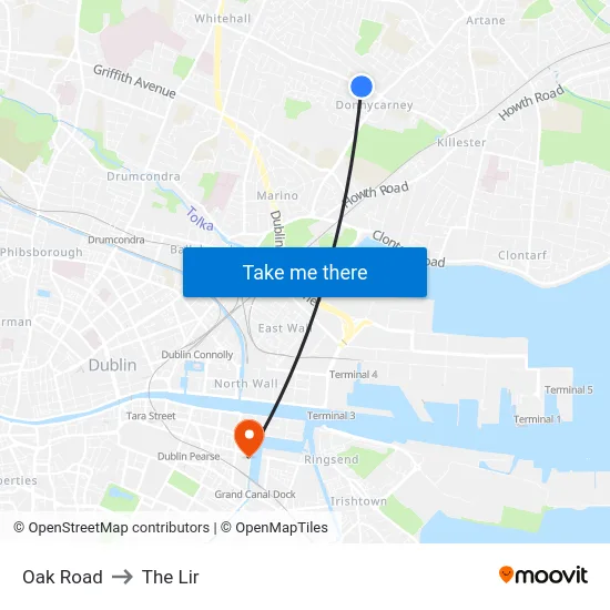 Oak Road to The Lir map