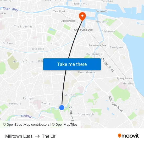 Milltown Luas to The Lir map