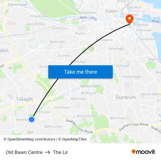 Old Bawn Centre to The Lir map