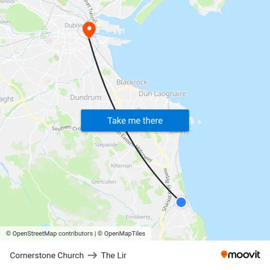 Cornerstone Church to The Lir map