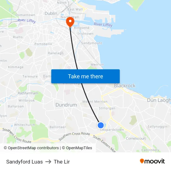 Sandyford Luas to The Lir map