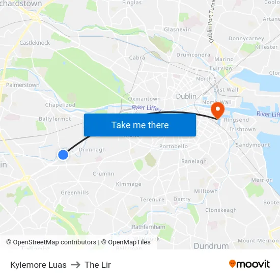 Kylemore Luas to The Lir map